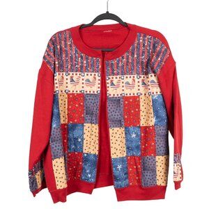 Patriotic Patchwork Cardigan Sweatshirt L XL Rooster Stars July 4th USA 90s Mom